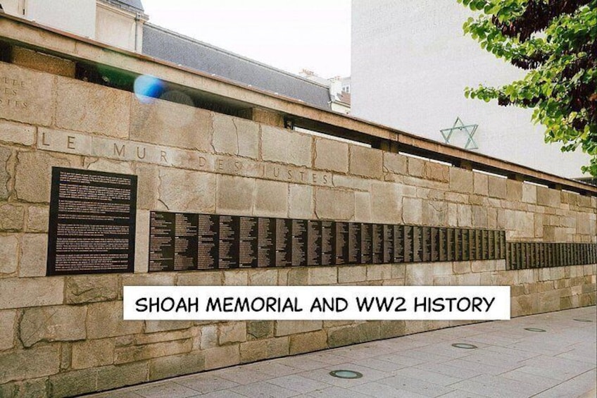 A stone wall with engraved names, titled 'Shoah Memorial and WWII History'. 5
