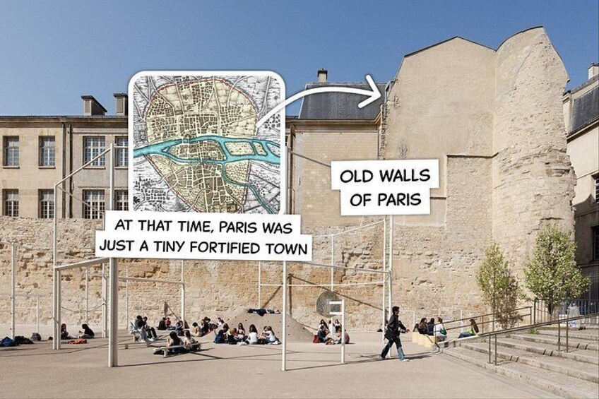 A historical map of Paris, old walls of Paris, and people sitting on steps. 5