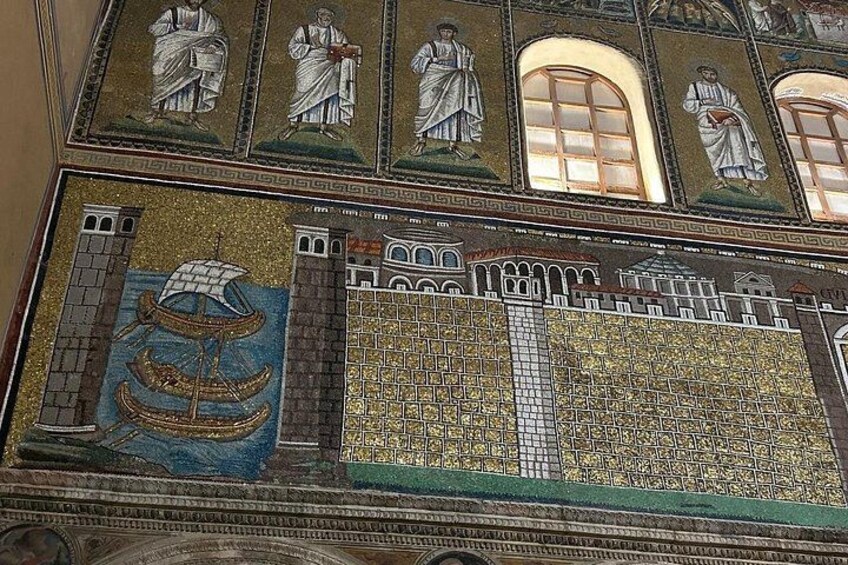 A mosaic with figures, a ship, and a fortress. 4