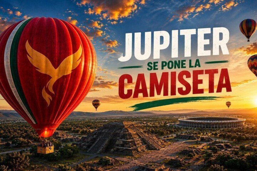 En varmluftballon med fuglemotiv, et stadion og en solnedgang over et landskab. 1