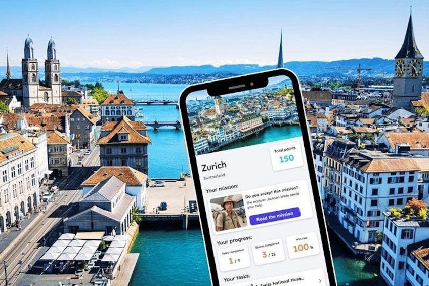 A smartphone displaying a travel app with a cityscape background. 1