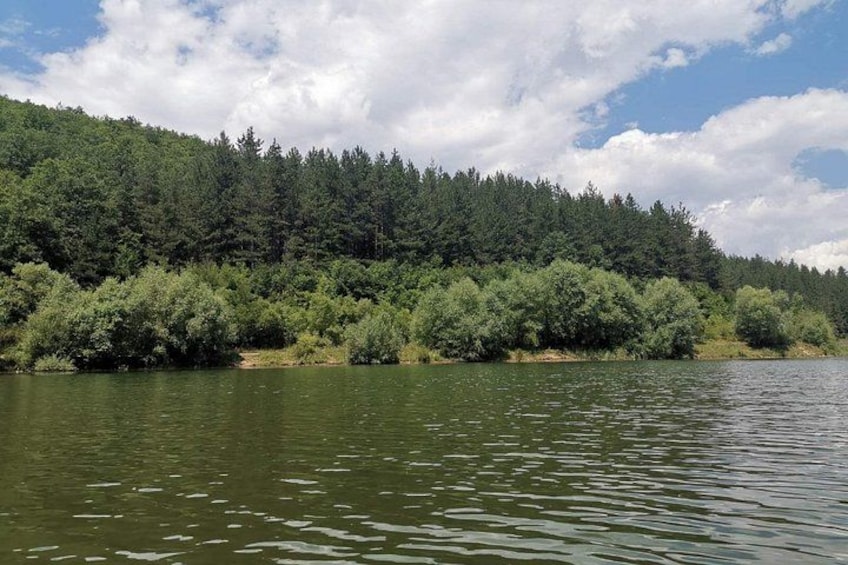 A river with a forested hillside in the background. 2