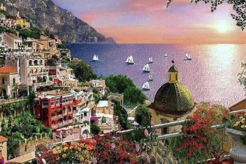 A coastal town with colorful buildings, a church with a dome, and sailboats on the sea. 4