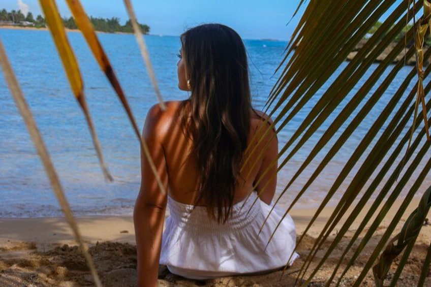 A person sitting on a sandy beach, facing the ocean, with palm leaves in the foreground. 3