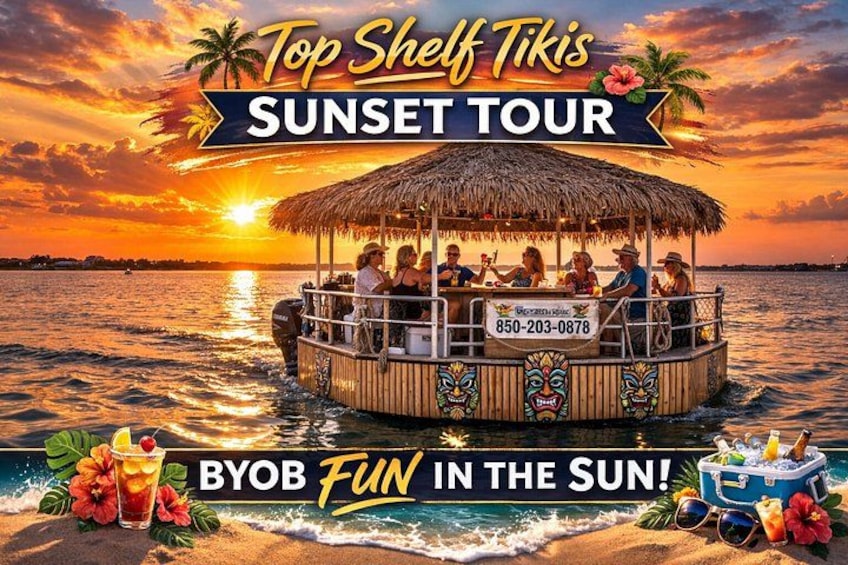 A sunset tour on a boat with a thatched roof, palm trees, and a tropical sunset. 1