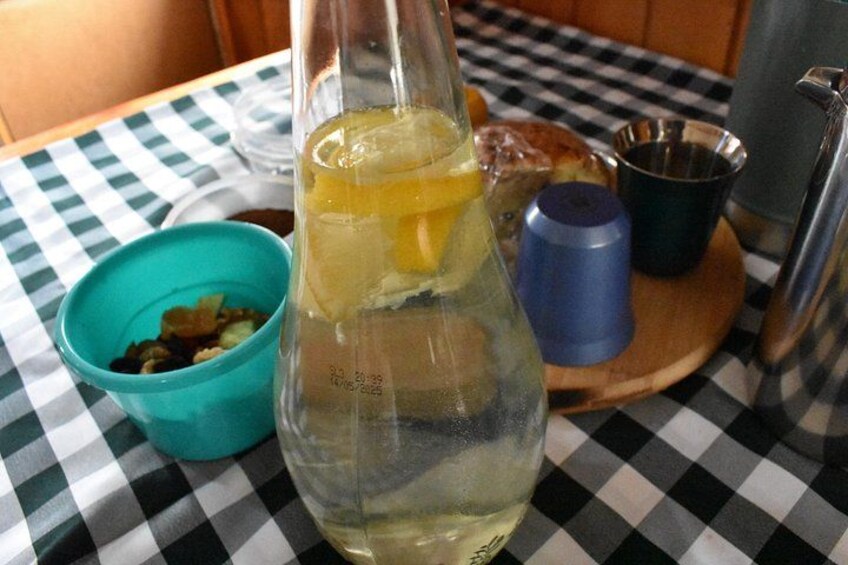 Una botella de líquido blanco con una rodaja de limón, un recipiente azul y un mantel a cuadros. 3