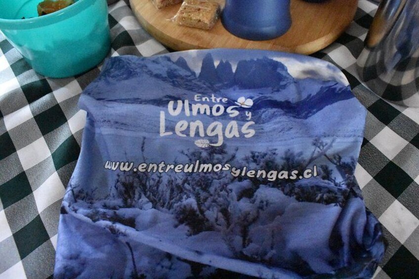 Una tela azul con el texto 'Entre Ulmos y Lengas' y una dirección web. 5