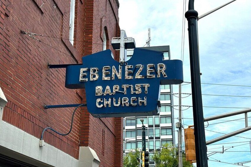 A blue church sign for Eberezer Baptist Church. 5