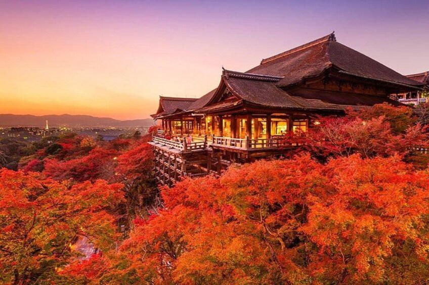 A traditional Japanese building with a wooden structure and a thatched roof, surrounded by autumn foliage. 4
