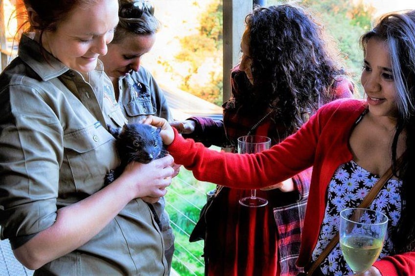 A person holding a small dog, another person holding a glass, and a third person wearing a red cardigan. 1