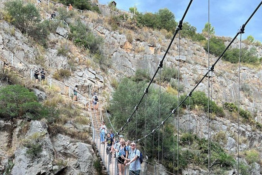 People on a suspension bridge over a rocky terrain. 4