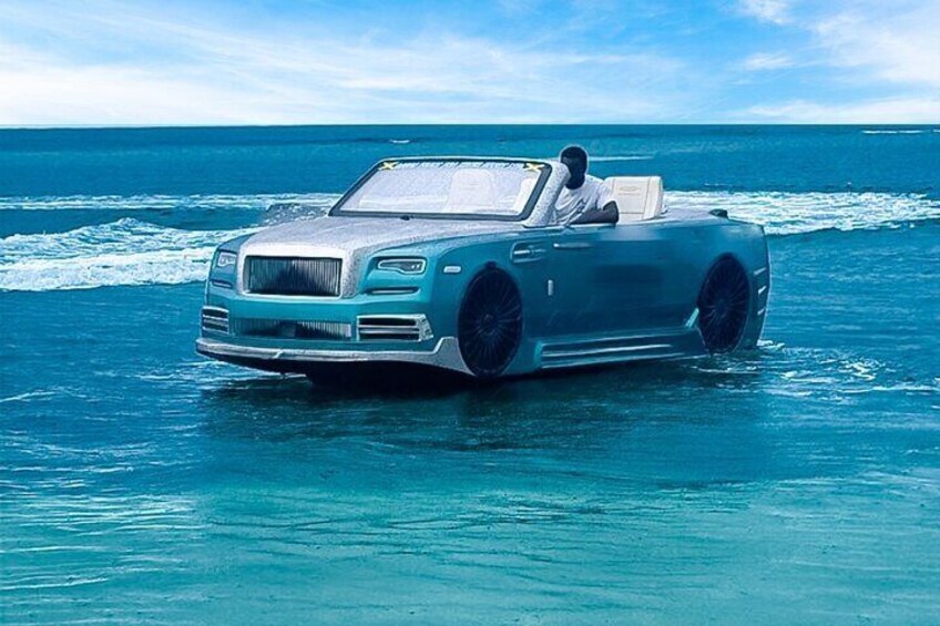 A luxury car driving through a body of water. 3