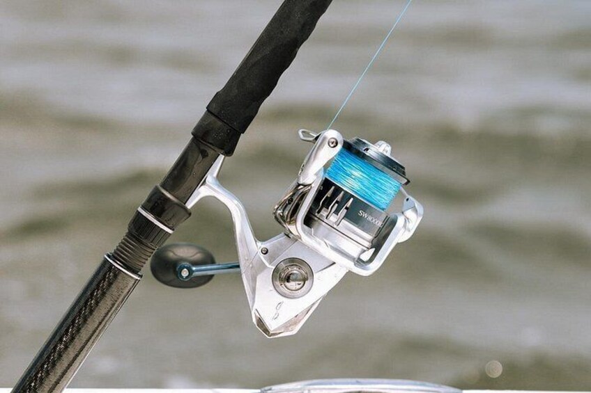 A fishing rod with a reel and line. 1