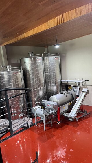 Industrial equipment, including stainless steel tanks and a conveyor system, in a facility with a red floor and wooden ceiling. 2