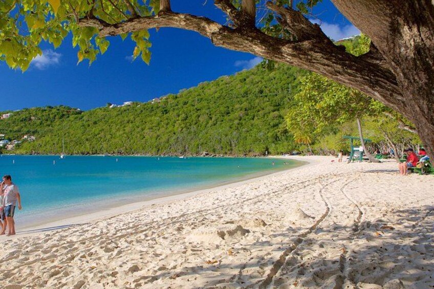 A beach with clear turquoise water, sandy shore, and a green hill in the background. 4