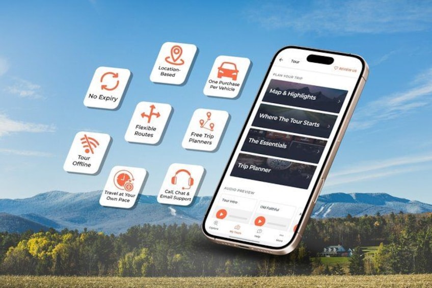 Un teléfono inteligente mostrando una aplicación de viajes con funciones como 'No Expiry', 'Rutas Flexibles' y 'Tour Offline'. 5