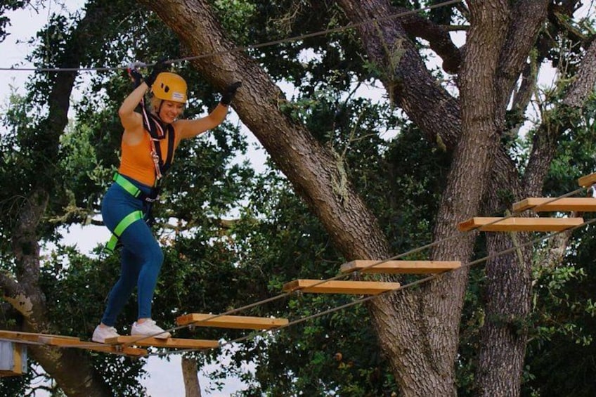 A person on a rope bridge in a wooded area. 3