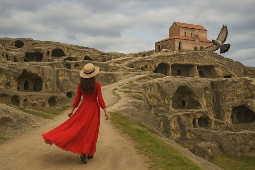 Una mujer con un vestido rojo caminando por un sendero de tierra, con formaciones rocosas y un edificio al fondo. 1