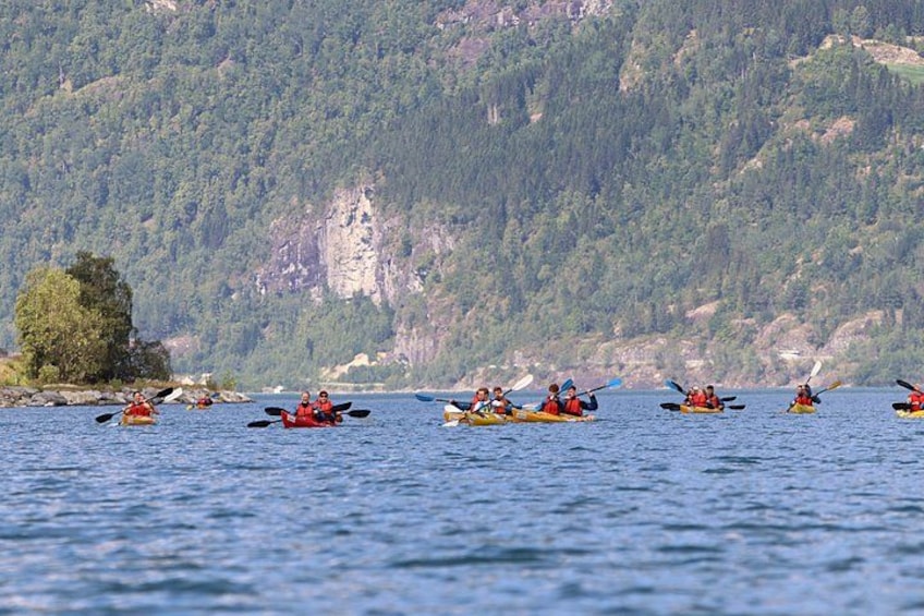 Un grupo de kayakistas en un lago tranquilo con una montaña boscosa al fondo. 4