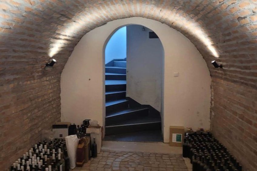 Un túnel de ladrillo en arco con una escalera que conduce a un nivel superior. 4