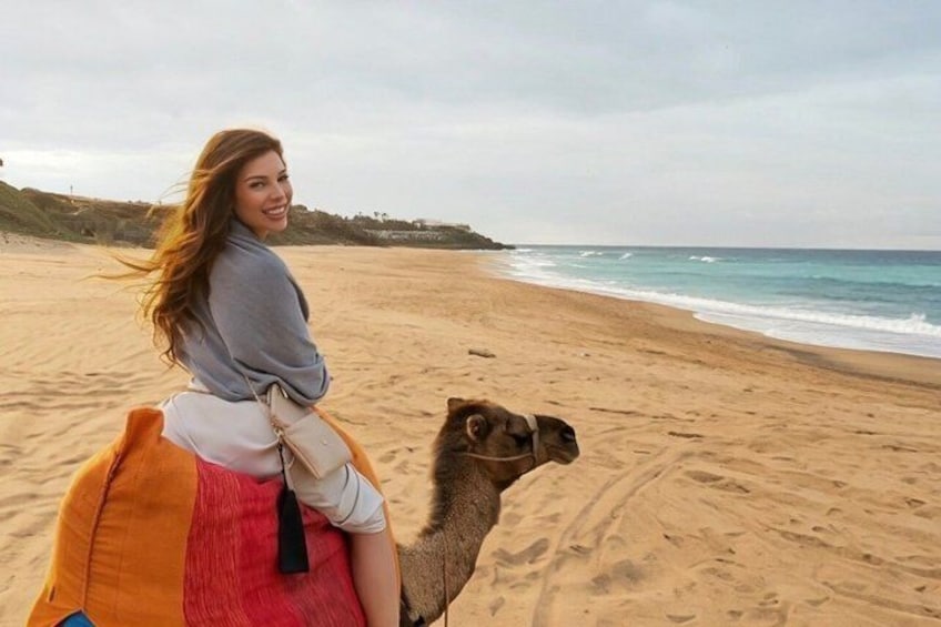 A person riding a camel on a sandy beach with the ocean in the background. 1