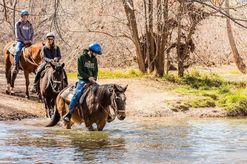 Drie personen rijden te paard langs een rivieroever. 2