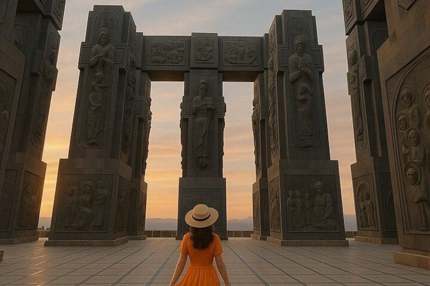 Una persona con vestido y sombrero naranja caminando por un arco de piedra con detalles tallados. 2