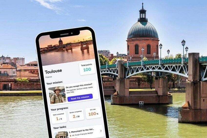 A smartphone displaying a travel app with a view of the Pont Neuf bridge in Toulouse, France. 1