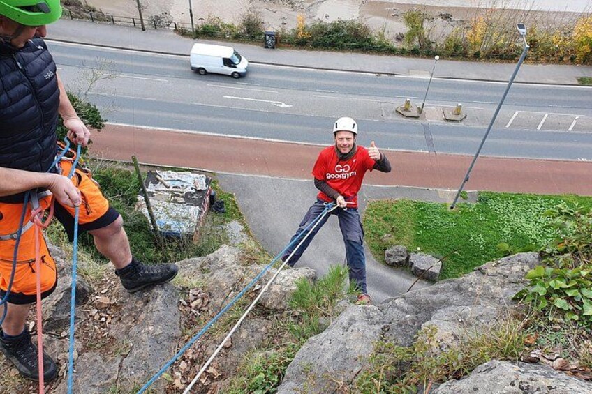 Abseiling off the Idleburger buttress, Avon Gorge,. 5