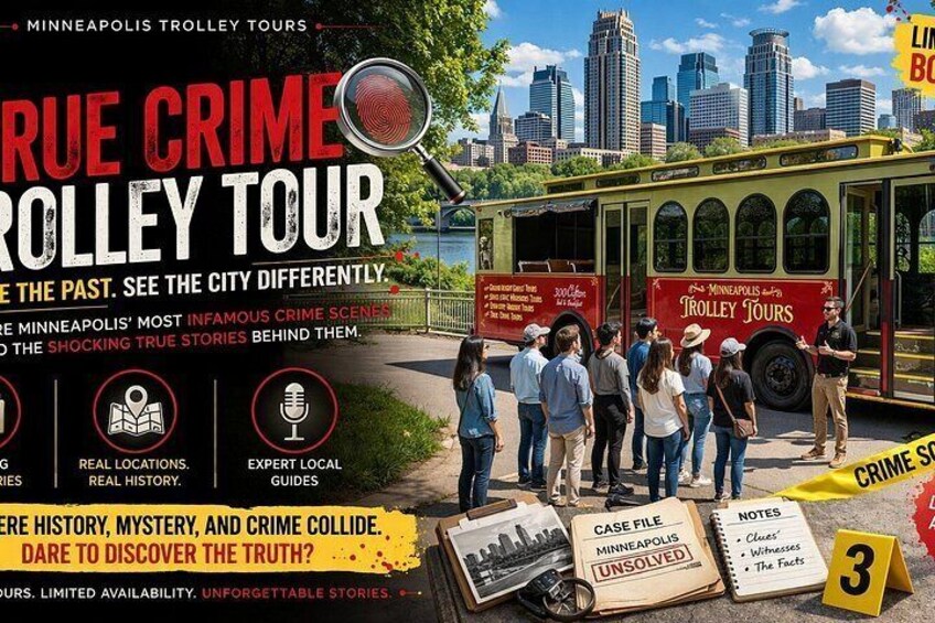 A trolley tour with a group of people, a cityscape in the background, and a sign for 'MINNEAPOLIS TROLLEY TOURS'. 1