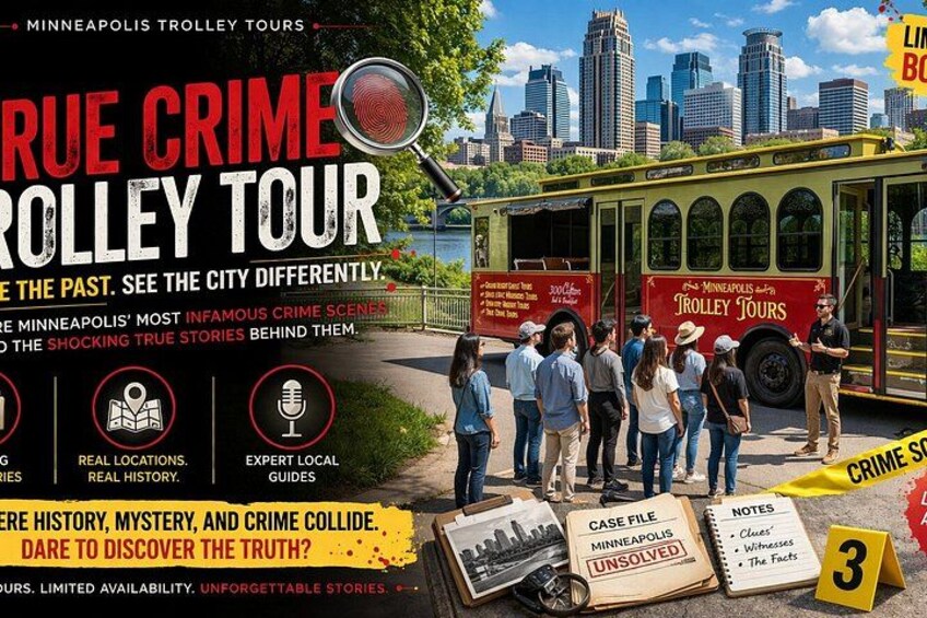 A trolley tour in Minneapolis with a cityscape in the background. 1