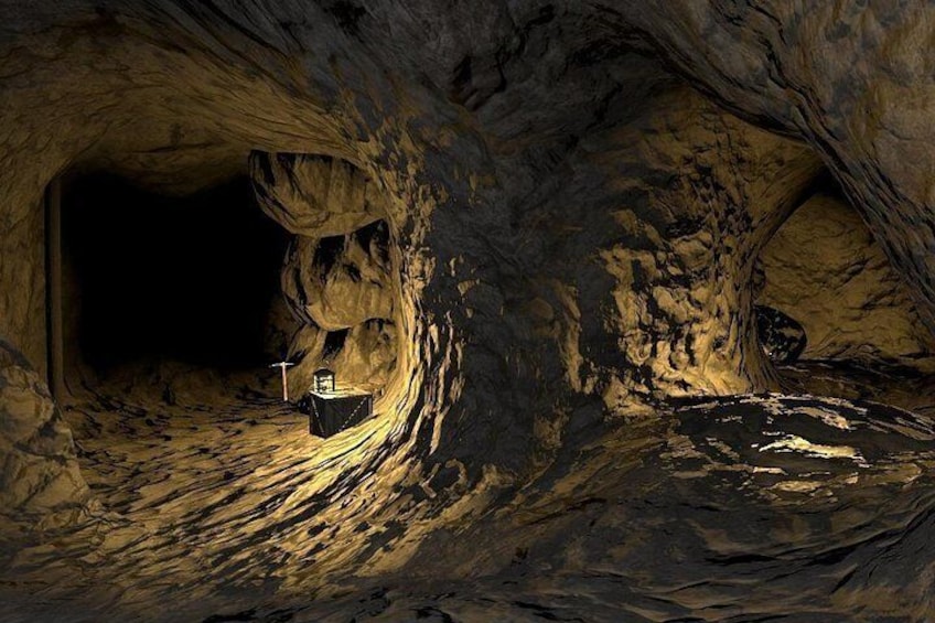 A cave with a small boat in the center, surrounded by rocky walls. 3