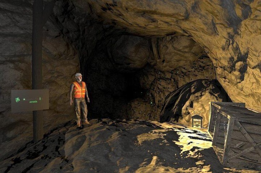 A cave with a person in a safety vest, a sign, and a wooden structure. 5