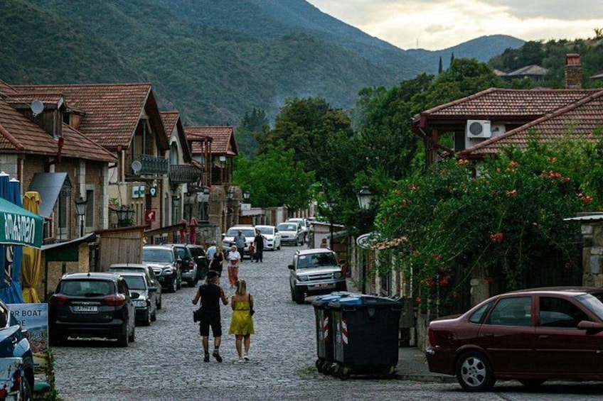 A cobblestone street lined with buildings, parked cars, and a mountainous backdrop. 5