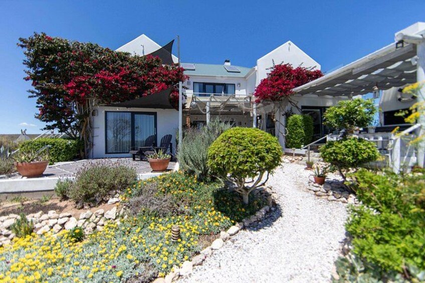 A house with a garden, including a gravel path, various plants, and a patio area. 1