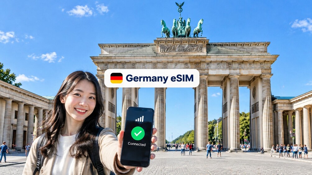 A person holding a smartphone with a green checkmark and the text 'Connected' in front of the Brandenburg Gate in Berlin. 1