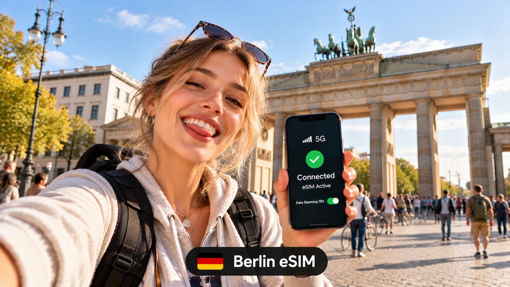 A person holding a smartphone with a 5G network indicator, standing in front of the Brandenburg Gate. 1