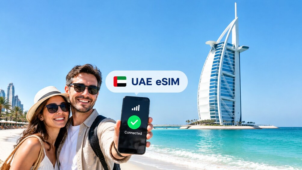 A couple on a beach with a smartphone displaying a connected eSIM status, and the Burj Al Arab hotel in the background. 1