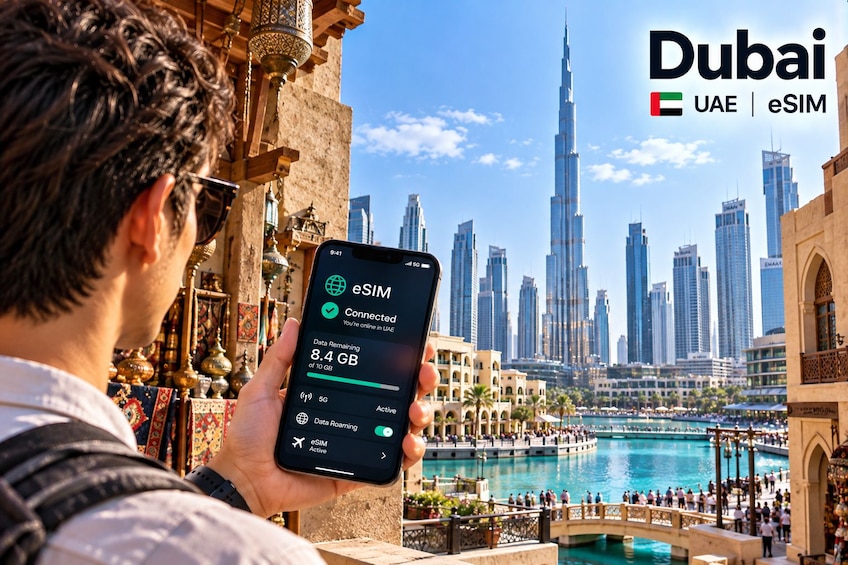 Une personne tenant un smartphone affichant des informations sur l’itinérance des données eSIM, avec la silhouette de Dubaï en arrière-plan. 5