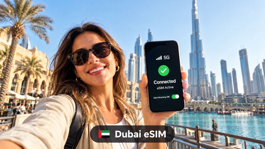 Une personne tenant un smartphone affichant une connexion 5G et l’état de sa carte eSIM à Dubaï. 1