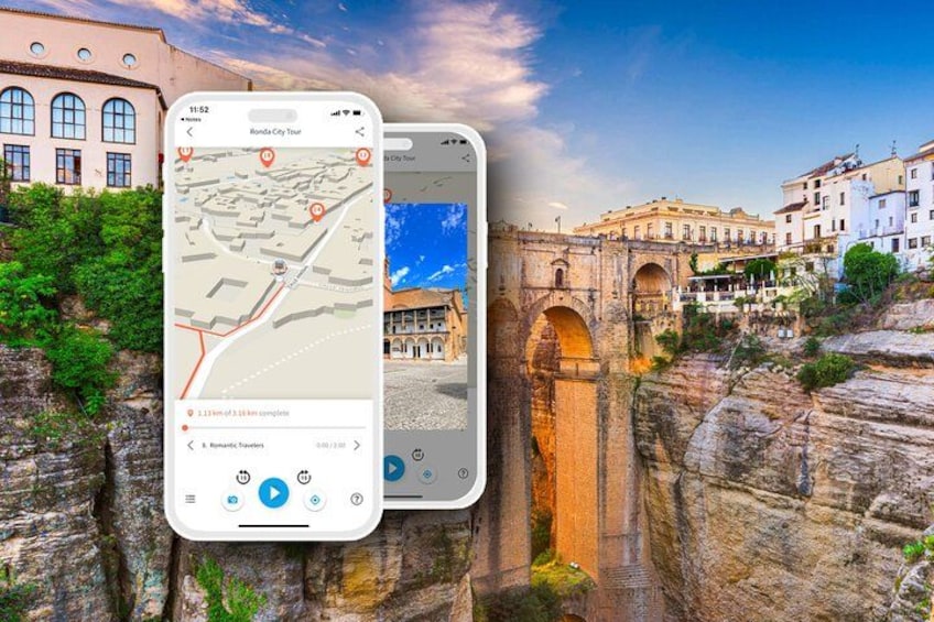 A smartphone displaying a map with a location pin, a bridge, and buildings in the background. 3