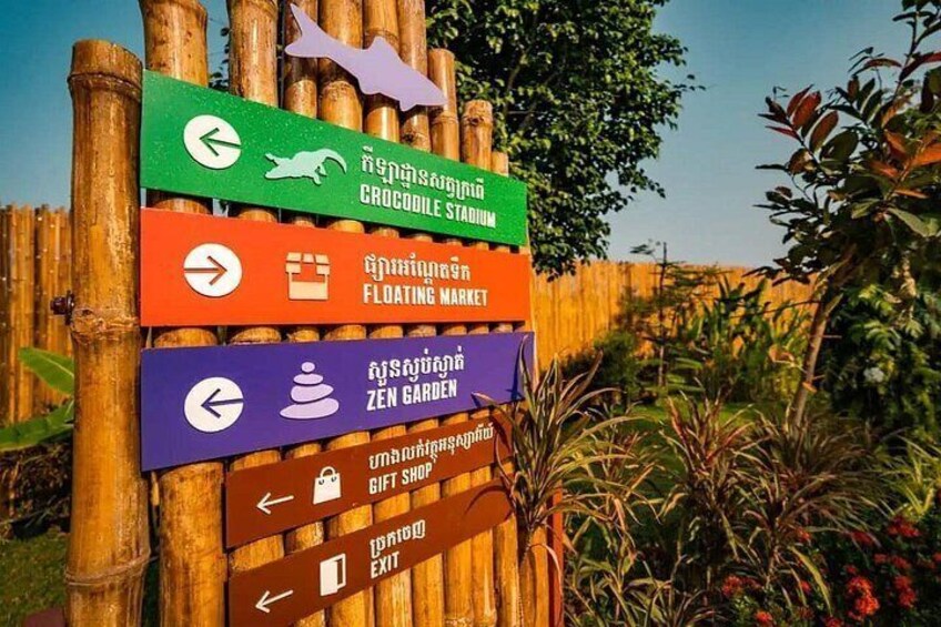Un señal indicativo de bambú con flechas direccionales y símbolos para un estadio de cocodrilos, un mercado flotante, un jardín zen, una tienda de regalos y la salida. 3