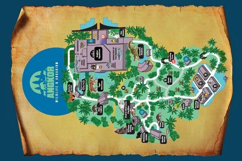 A map of a theme park with various attractions and buildings. 2