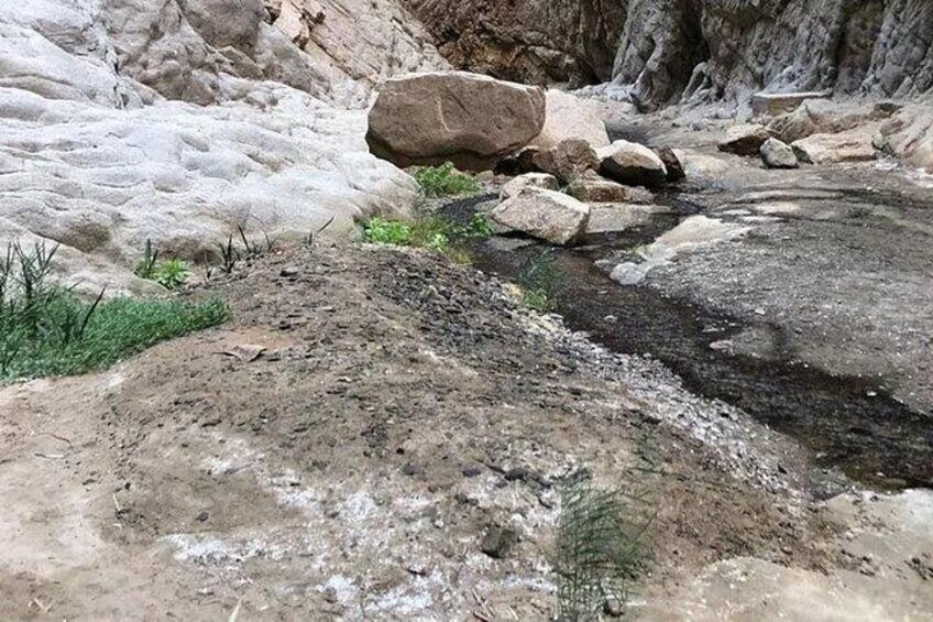 A rocky terrain with a small stream, large boulders, and sparse vegetation. 4
