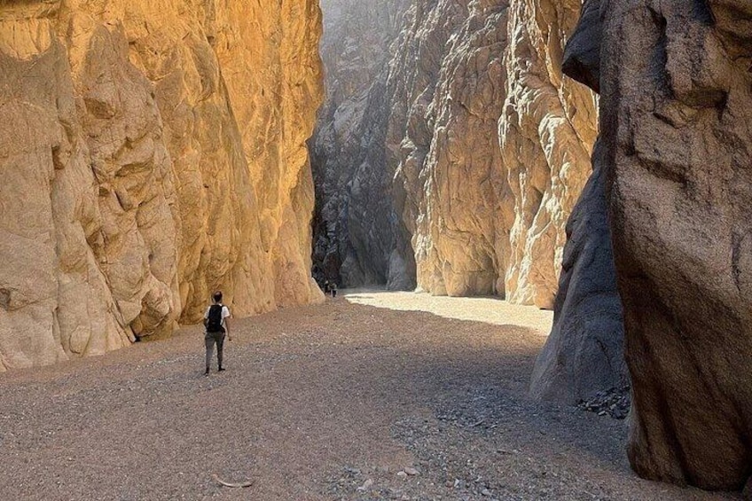 A person standing in a canyon with rocky walls. 1