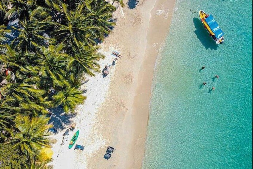 Een strand met palmbomen, een boot en mensen die zwemmen. 5