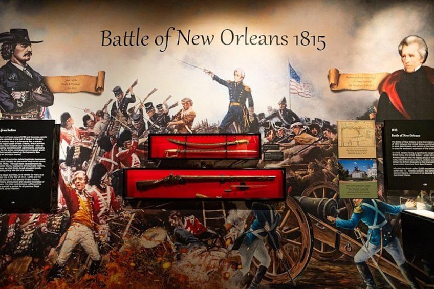 A historical painting of the Battle of New Orleans 1815 with soldiers, cannons, and a flag. 5