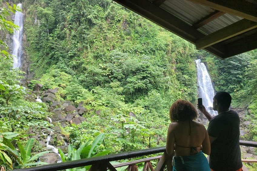 Trafalgar waterfalls. taller Papa falls, 125ft tall and Mama falls, 75ft tall. Mama falls comes from deep within the rainforest and the Papa comes from the Titou Gorge 1
