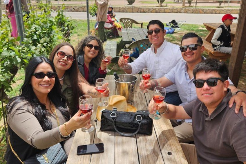 A group of people toasting with wine glasses at an outdoor table with a wooden table, a black bag, and a smartphone on it. 5