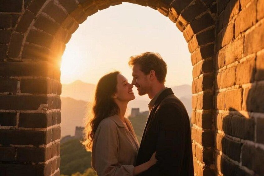 A couple standing in an archway with a sunset in the background. 4